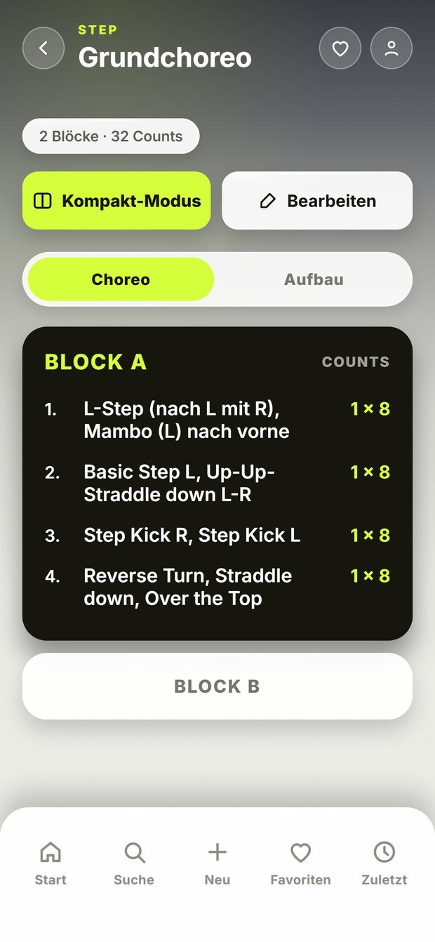 ChoreoPad: Stundenbild-Ansicht mit Counts